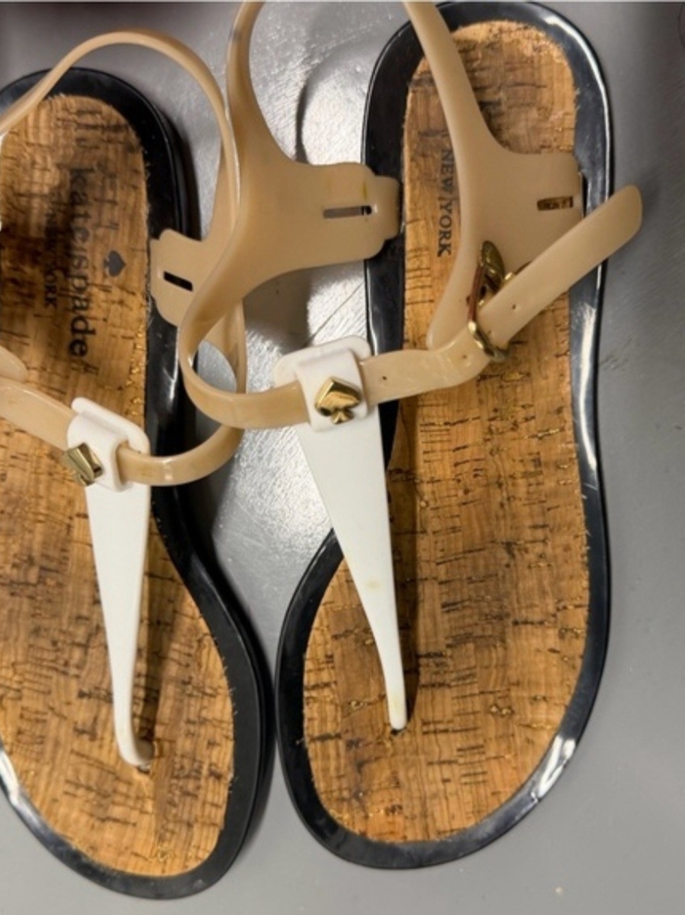 kate spade Beige and White T-Strap Cork-Insole Sandals